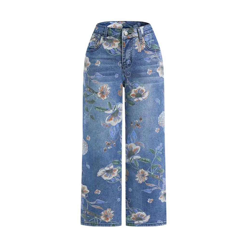 Women's Printed Denim Straight Wide Leg Pants Jeans Women  Women's High-waisted Floral Print Jeans Light Wash Straight-leg Casual Pants