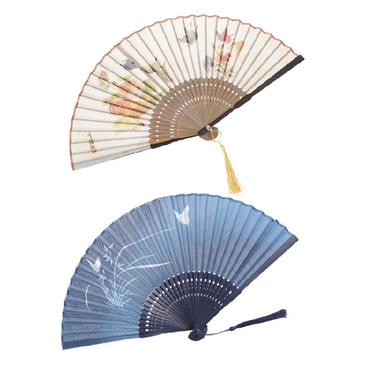 Chinese Vintage Butterfly Flower Pattern Folding Fan Cotton Linen Handheld Fan for Cultural Event and Home Decoration