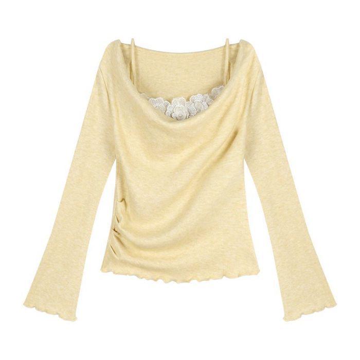 2024 Slim Fit Floral Camisole with Long Sleeves - Elegant, Stylish Patchwork Design for Autumn/Winter