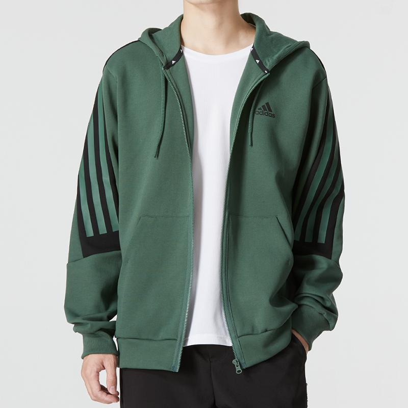 Adidas Striped Logo Sports Casual Knit Hooded Jacket Men Outerwear Green HC5841