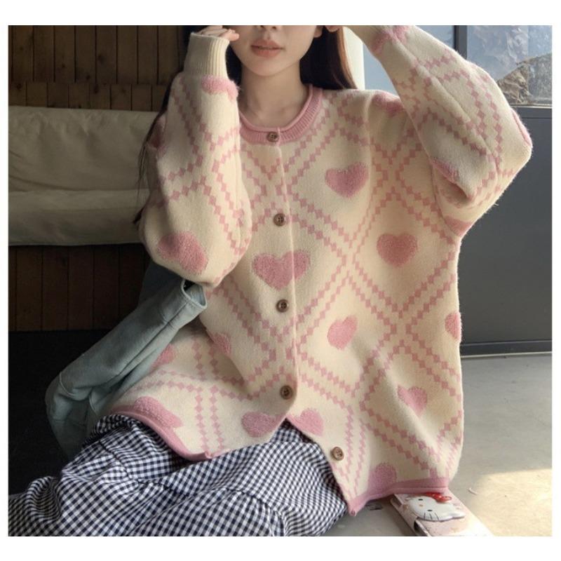 Gentle Wind Soft Waxy Love Crew Neck Sweater Cardigan Women's New Autumn Loose Sweet Knitted Coat Top