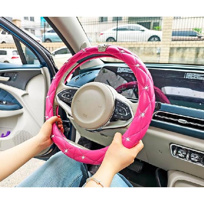 Full Sparkly Rhinestone Car Steering Wheel Cover Universal Leather Steering Wheel Cover Auto Car Styling Interior Decor Accessories (Gray