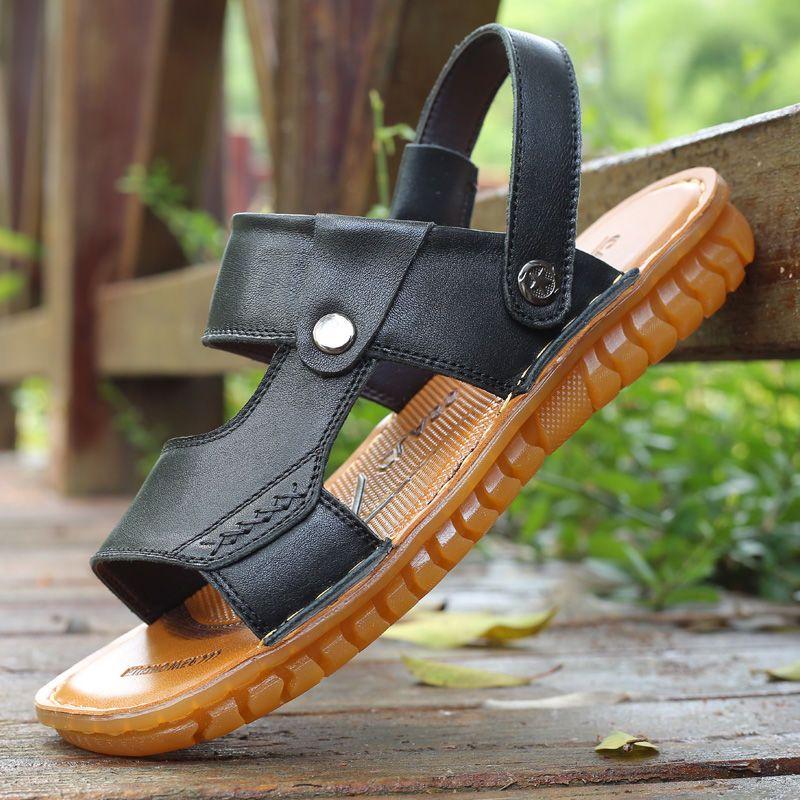 Männer Schuhe Slip-On Split Leder Weiche Männer Strand Sommer Männer Sandalen Hausschuhe Wohnungen Flip Flop 44 schwarz