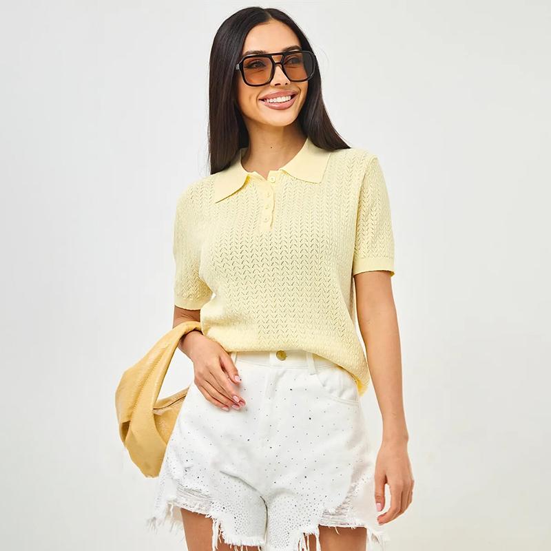 Knitted Sweater T shirt Women Tops 2026 Summer New Short Sleeve Polo Sweater Casual Loose Lapel Sweater Fashion Casual T shirt