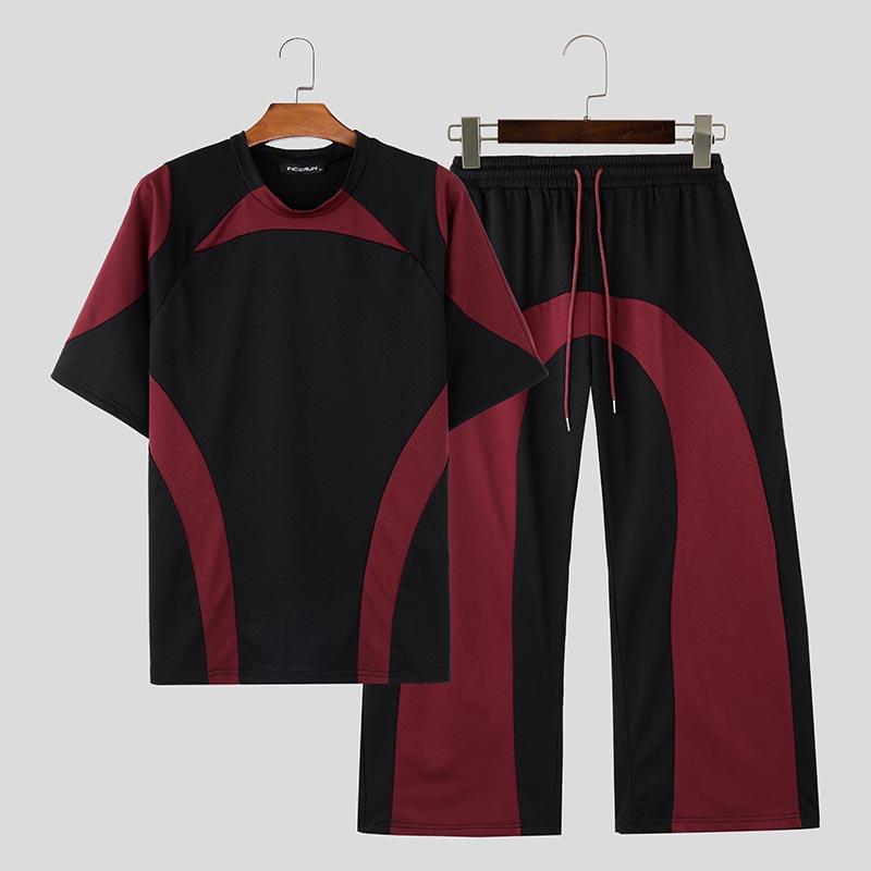 

INCERUN Комплект из двух предметов для мужчин, лоскутное шитье, футболки с коротким рукавом и длинные брюки XL вино красного