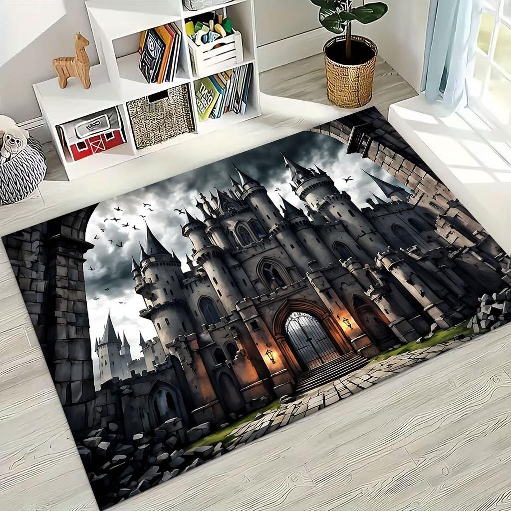 Enchanted Fairytale Princess Castle Gothic Castle Cartoon Rug for Bedroom Living Room Sofa Home Doormat Decor, Kids Non-slip Mat