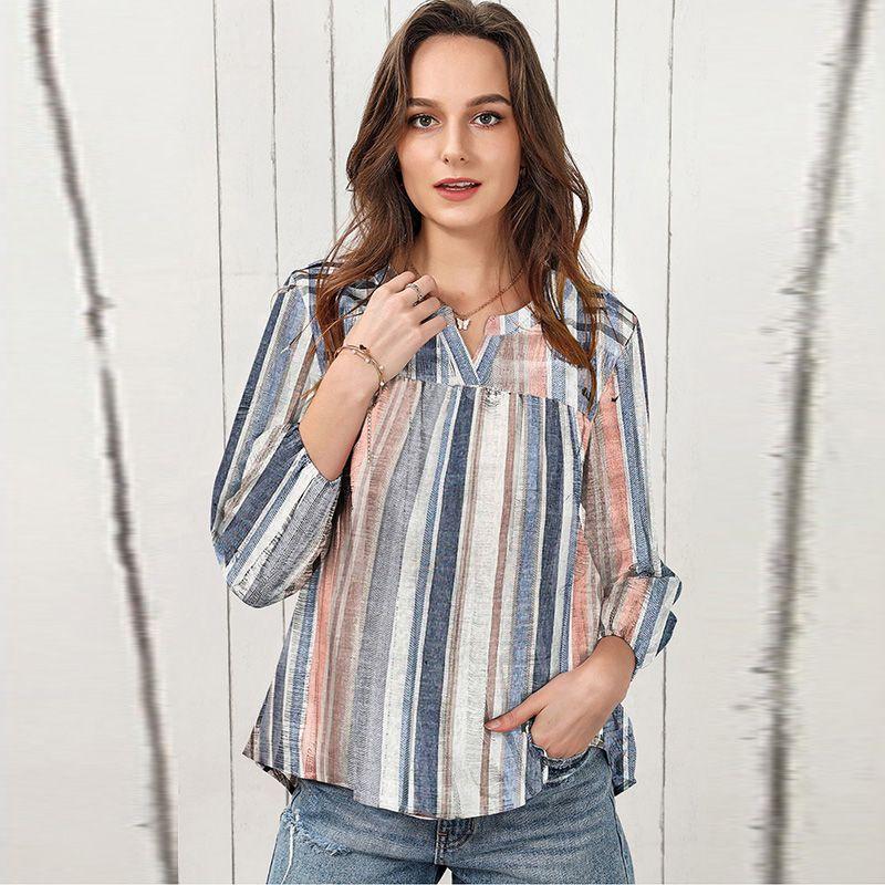 

2024 Summer New Arrival Half Long Sleeves Chiffon Shirt Women s European and American Leisure Thin Stripes Printed 3/4 Sleeves Pullover Tops Dark blue P519 XL code fits (72.50 kg-80.00 kg