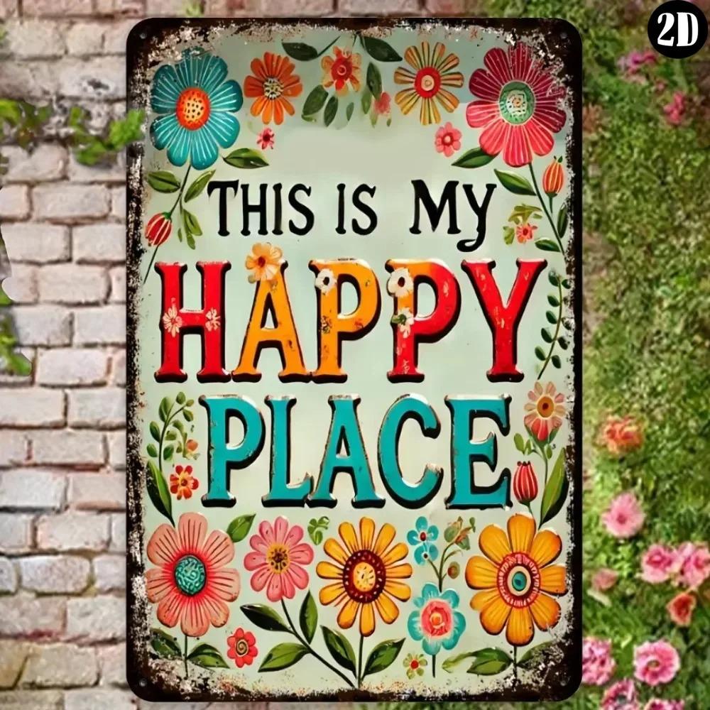 Rustic Floral All-Season Sign | Quality-Crafted "Happy Place" | Aluminum Decor for Home & Garden