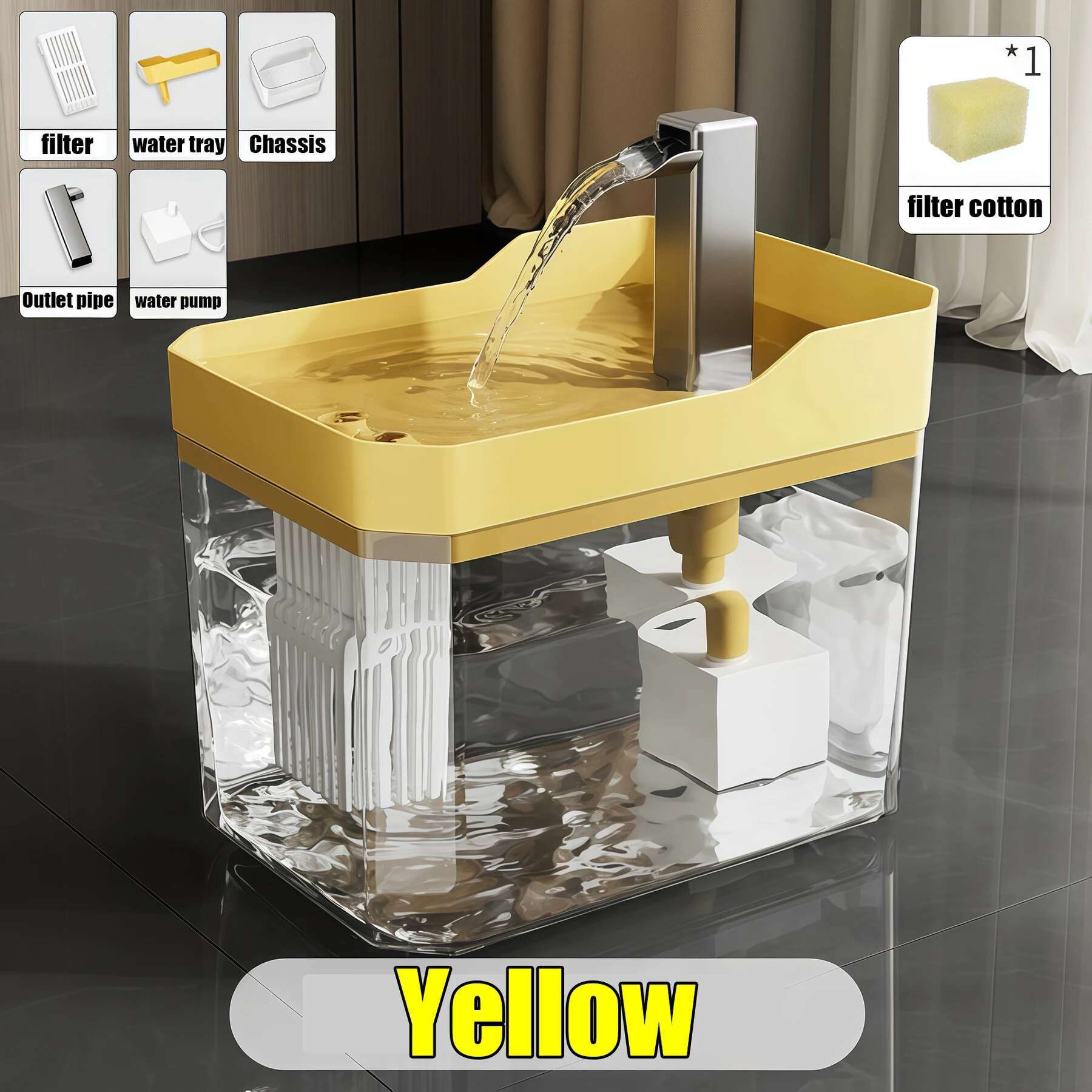 

Cat Automatic Water Dispenser Drinking Fountain Dispenser for water circulation Cat Water Bowl Removable with Pump Filter Silent 1.5L жёлтый