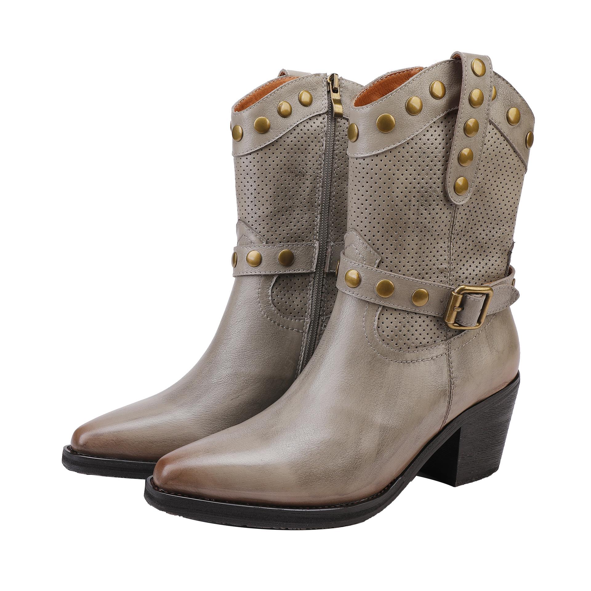 Johnature Genuine Leather Western Cowboy Boots High Heels Riveted Pointed Toe Mid-calf Boots 36 серый