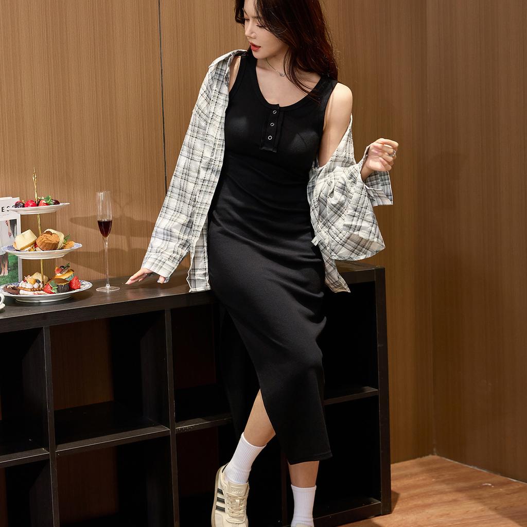 Vest Dress Summer Suspender Long Skirt Sleeveless Solid Color Cotton Waist-lifting and Slimming Tight Temperament Button Skirt
