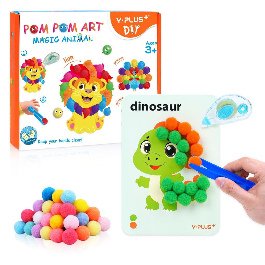 YPLUS Pom Pom Art Crafts Kids DIY Activity Kit for Toddlers with Pom Pom Painting - Animals