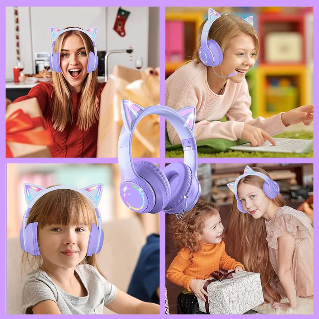 Cute Cat Ear Headphones, Bluetooth 5.1 Wireless Headphones with Detachable Noise-Canceling Microphone, HiFi Stereo, WiredWireless, Dual-Use Gaming