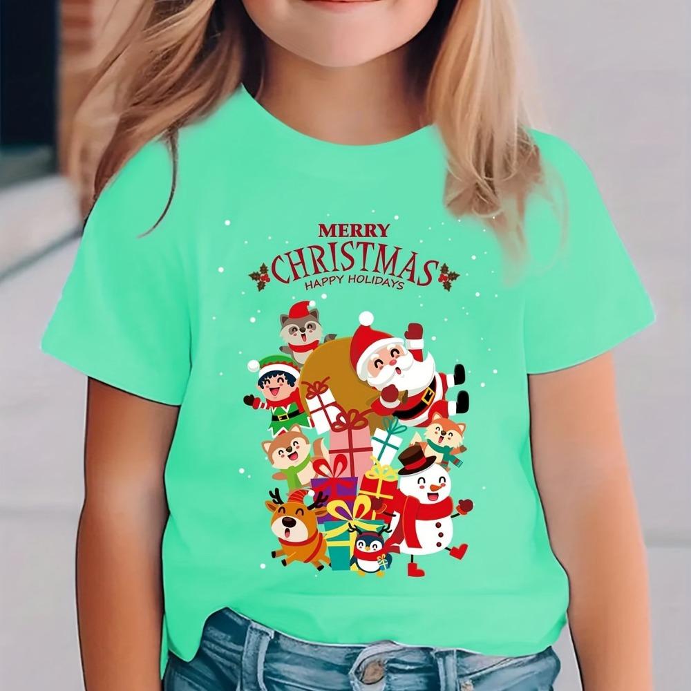 Christmas Summer Fashion Girls' Short Sleeved T-shirt with Santa Claus, Snowman, Cartoon Pattern Print