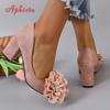 Fashion Aphixta Big Flowers With Stamens 7cm Square Heels Pumps Women Students And Adults Pointed Toe Flock Suede Shoes Plus Size 30-50