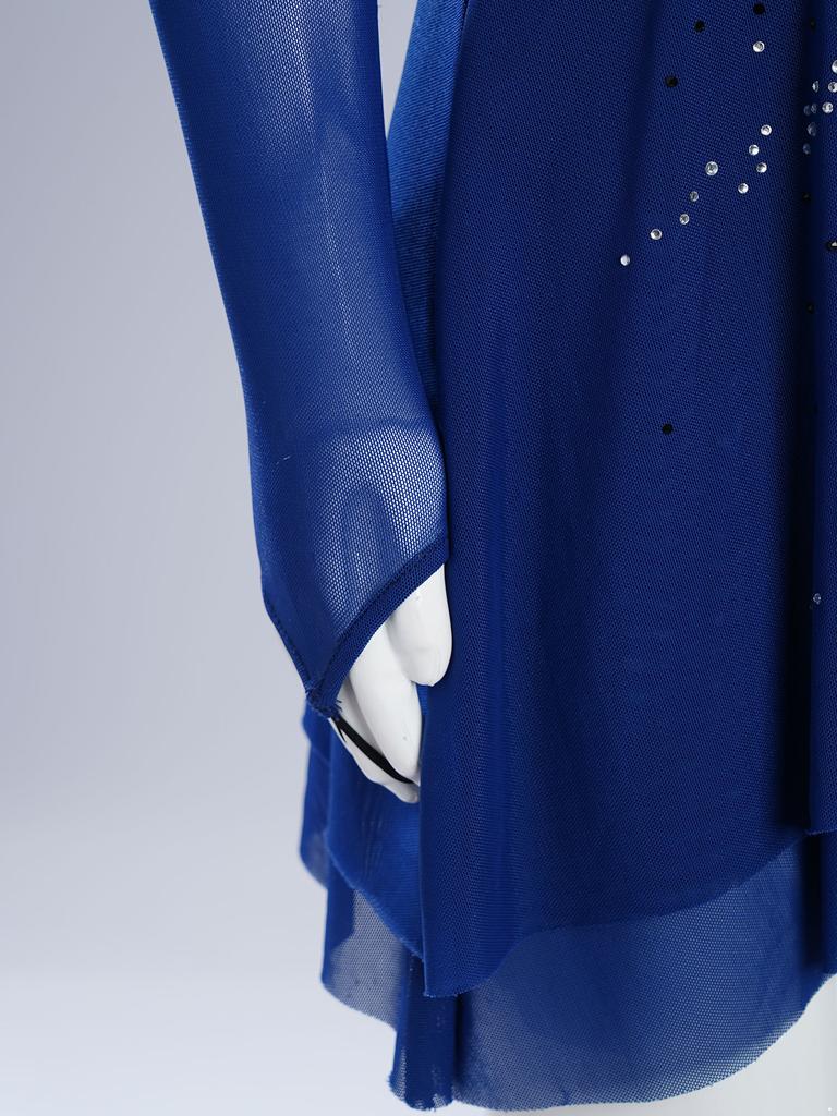 Girls Sparkly Rhinestones Dance Dress Mesh Long Sleeves Cutout Back Asymmetric Hem Figure Skating Dress