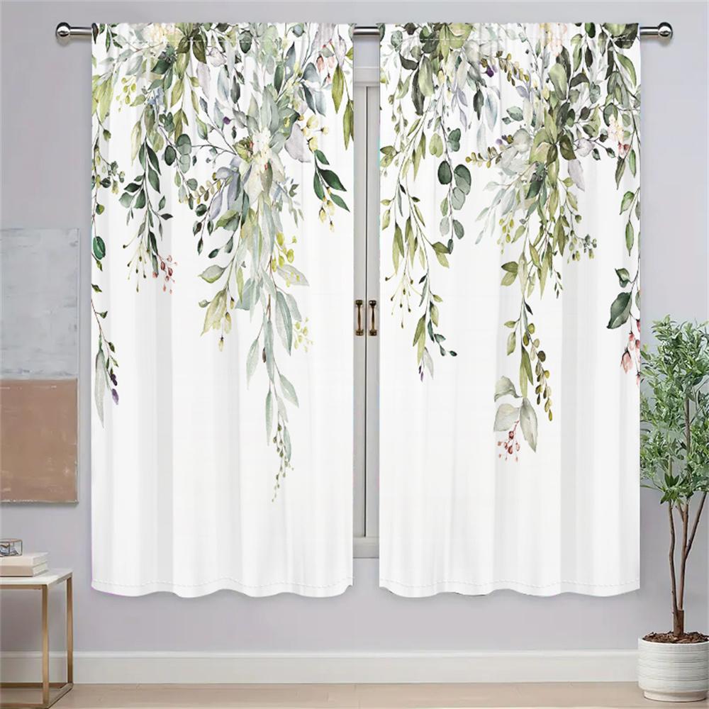2 Stück Frische Grüne Blätter Vorhänge Aquarell Pflanzenmuster Wohnzimmer Schlafzimmer Fensterdeko Vorhänge Natürlicher Waldstil Vorhänge