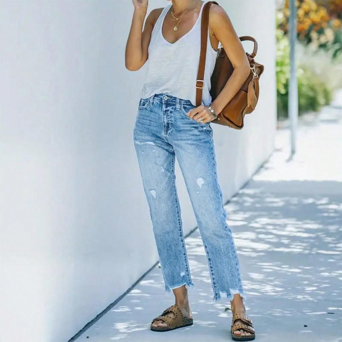 

Женские новые популярные прямые брюки средней посадки, выстиранные повседневные рваные джинсы XL