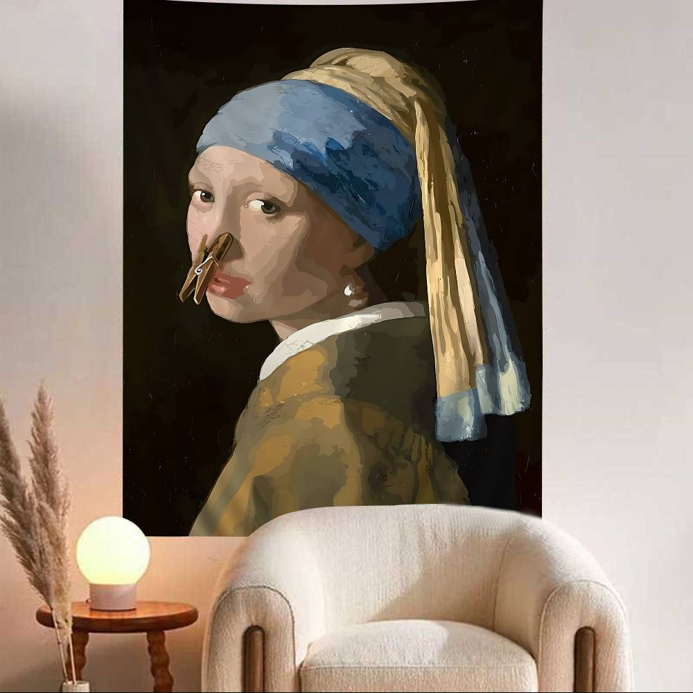 Funny Mona Lisa Wearing Pearls Girl Colorful Tapestry Wall Hanging Bohemian Wall Tapestries Mandala Wall Art Decor 74x94cm(29x37in)