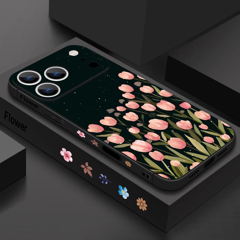 Wrist Strap Lanyard TPU Phone Case For iPhone 17 16 15 Pro Max 13 14 Pro Max 17e 16e 11 Black Rose Pattern Soft Silicone Cover