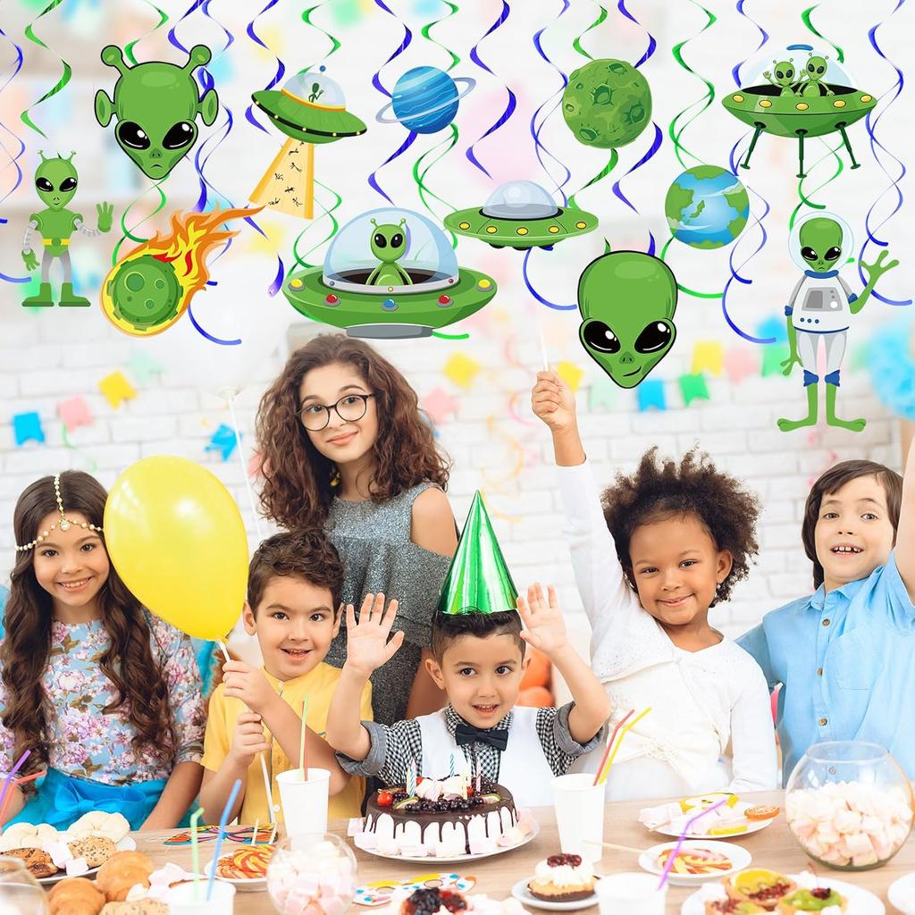 Capoda 54 Pcs Alien Decorations Hanging Swirls No DIY UFO Theme Party Ceiling Decorations Green Alien Outer Space Saucer Man Hanging Swirls for Boys