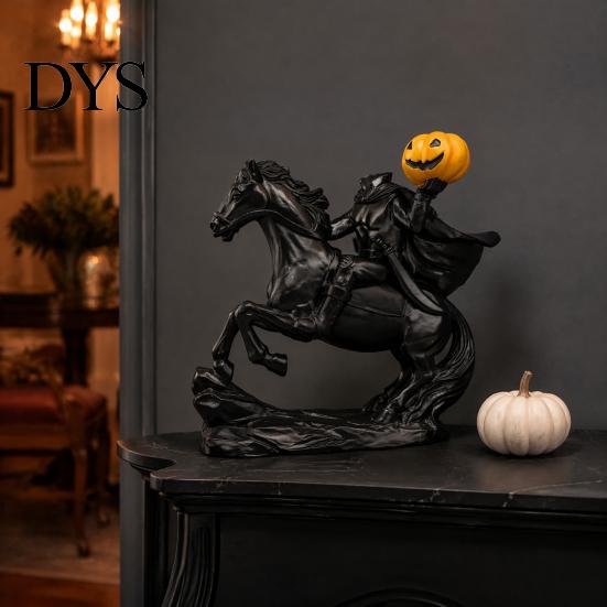 Gothic Home Decoration Headless Horseman Statue with Pumpkin, Horror Knight Holding Pumpkin Lantern Figurine Ornament, Halloween Horse Sculpture Decor