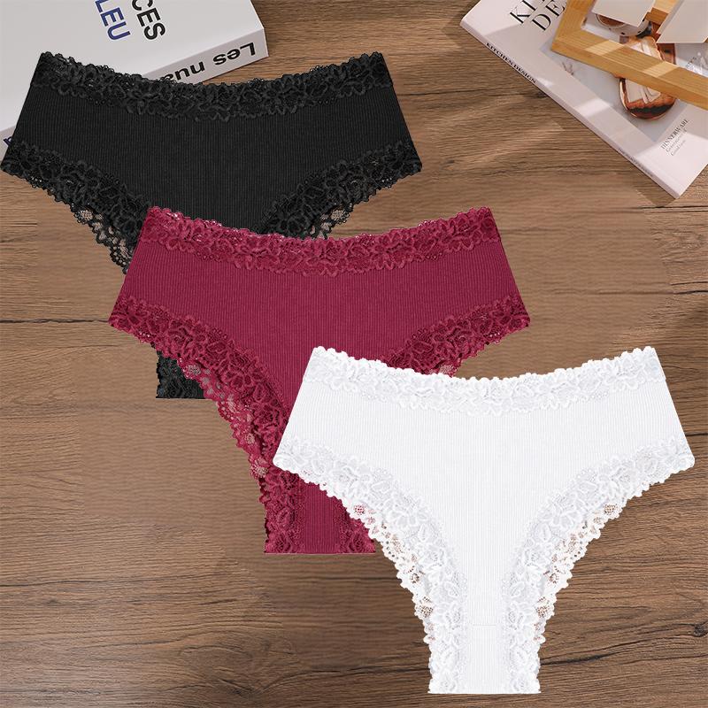 FINETOO 3Pcs Women Cotton Lace Panties Floral Intimate Briefs High Waist Brazilian Panties Female Soft Underpants Lingerie S-XXL