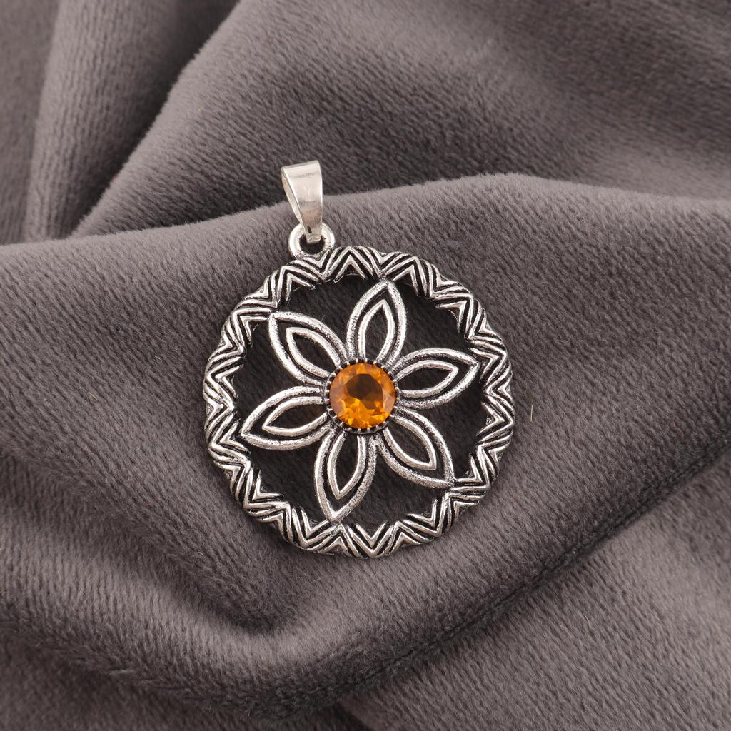 Citrin anheng, 925 Sterlingsølv edelstensmykke, Håndlaget anheng, Til Thanksgiving
