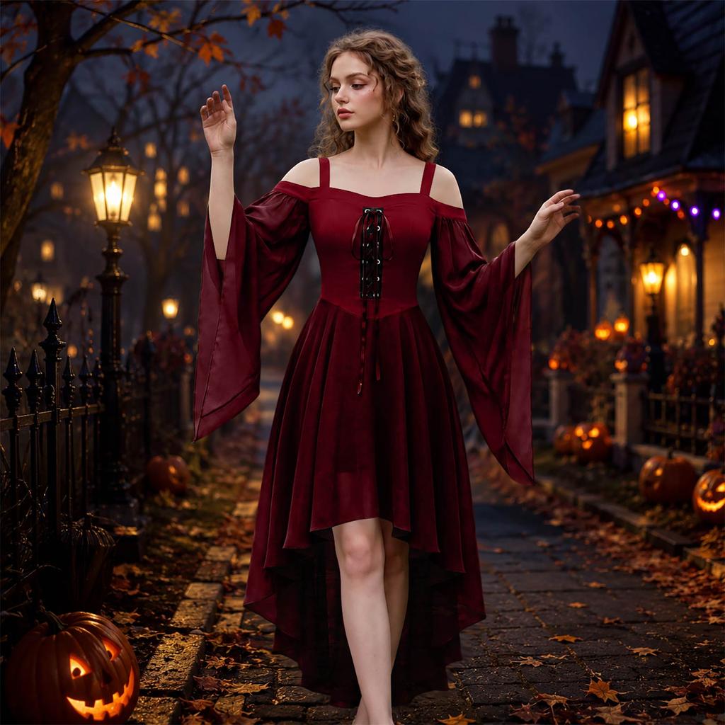 Women's Gothic Off Shoulder Spaghetti Strap Color Chiffon Dress with Butterfly Sleeves and Irregular Hem