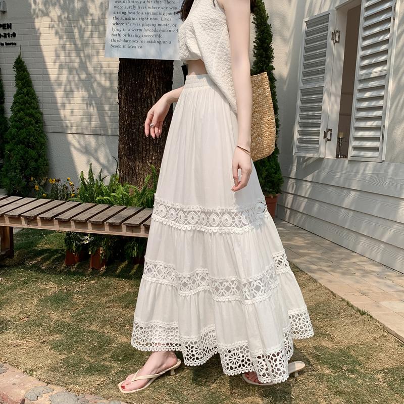Dimanaf 2025 Summer Women Skirts Vintage Elastic Pleated Elegant White Long Skirts New  Lace High Waist