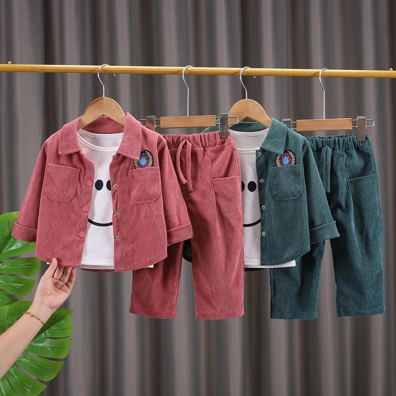Kids Corduroy 3-Piece Clothing Set Boys Cartoon Print Tee Jacket Pants Casual Outfit For Toddlers