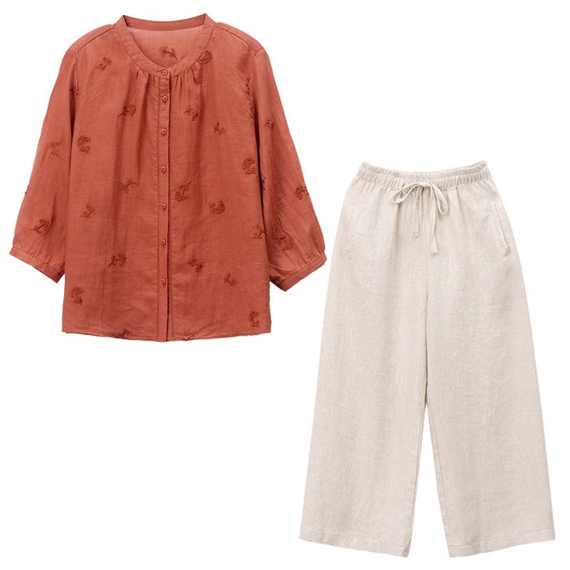 Women's Summer Fashion: New Chinese Style Loose Ramie Two-Piece Set for Middle-Aged Mothers