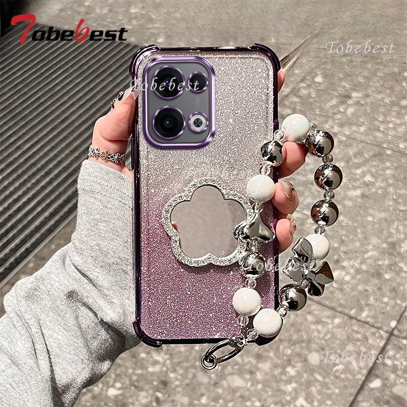 Glitter Shockproof Plating Flower Mirror Bracelet Case for OPPO Reno 13 13F 14 14F 12 12F 11 11F 10 Pro Plus Silicone Cover