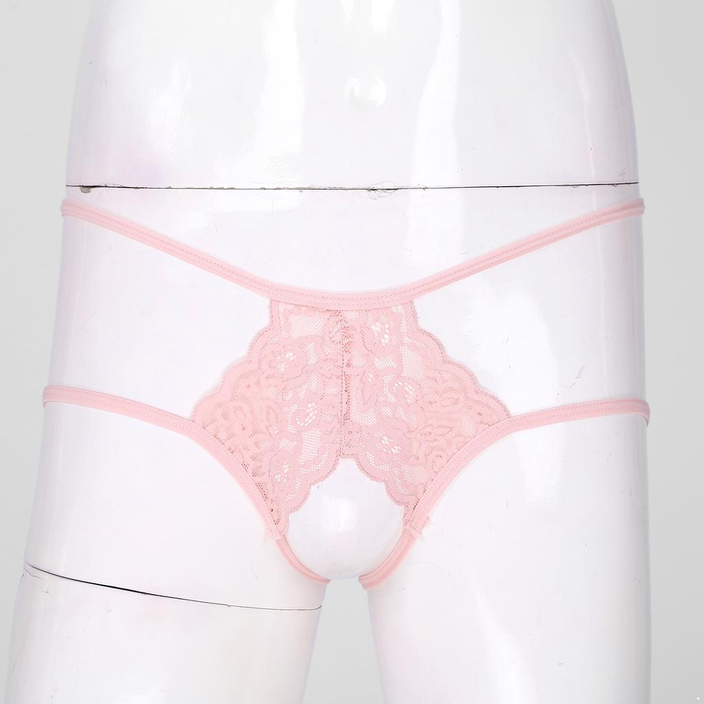 Pánské průsvitné krajkové G-string spodní prádlo se strappy T-back střihem bez rozkroku a mašličkou, dárek na líbánky