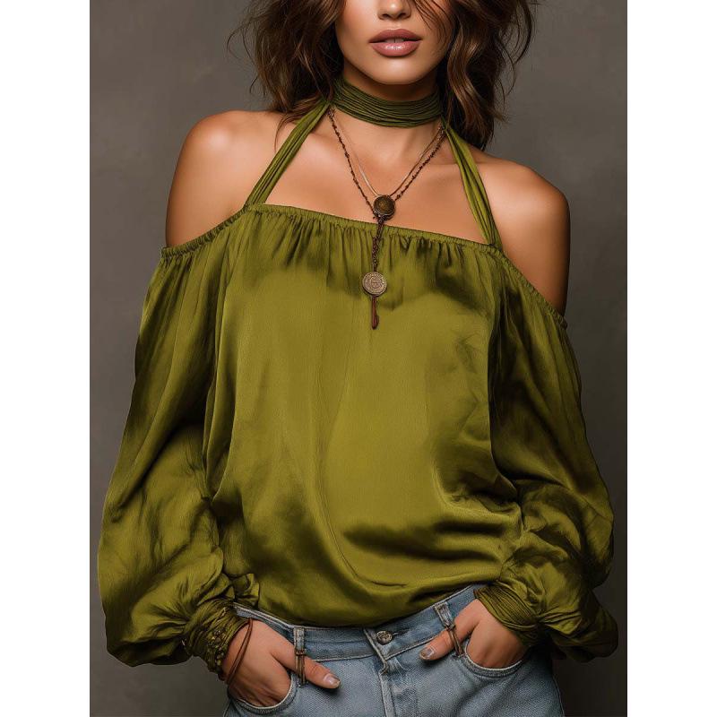 Женский модный топ с открытыми плечами, матовый сатин, 2026, европейский и американский стиль XS