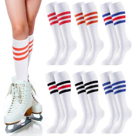 Shihanee 6 Pairs White Knee High Socks Striped Tube Socks Roller Skate Skating Soccer Athletic Sports Long Stockings Leg Warmer Gifts for 7-12 Year