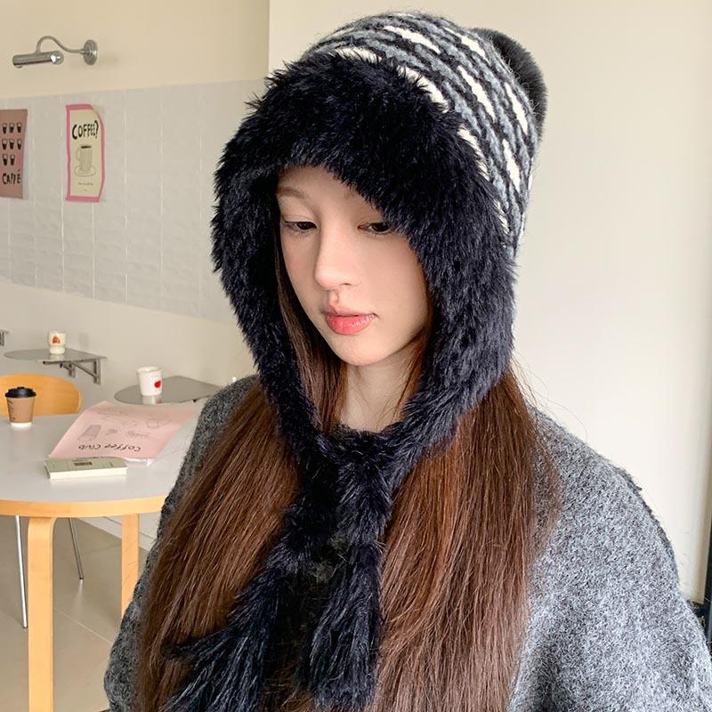 Retro striped fleece ear protector wool hat women's winter thickened plush Lei Feng hat outdoor cold-proof lace-up knitted hat tide