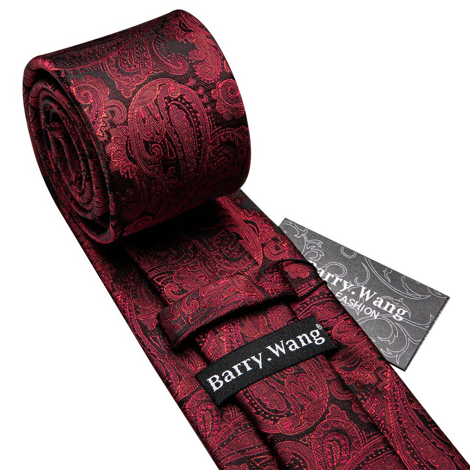 Barry.Wang Mens Paisley Silk Necktie Hanky Cufflinks Gold Brooches with Gift Box Set