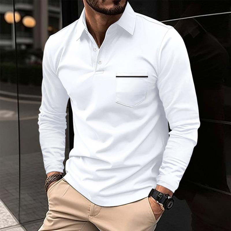 Spring Autumn Polo Shirt with Man Solid Tops Button Pocket Men's Sports Long Sleeve Polos Shirts