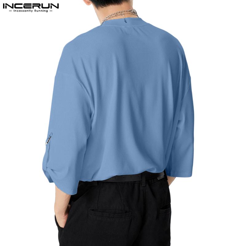 INCERUN Oversized Men Round Neck 3/4 Sleeve Rib Casual Loose T-Shirts Tops