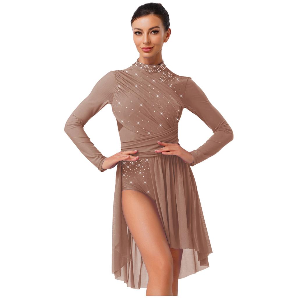 Dame Lyrisk Dansedrakt Langermet Rynket Ryggløst Design Glitrende Rhinsteiner Ett Stykke Draktdrakt