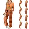 Conjunto de pijama de manga larga con cuello en V y corte holgado para mujer con estampado de Halloween y bolsillos