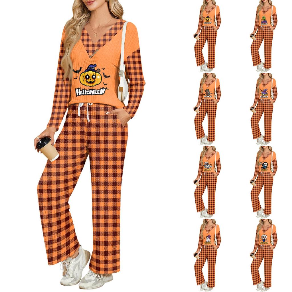 Conjunto de pijama de manga larga con cuello en V y corte holgado para mujer con estampado de Halloween y bolsillos