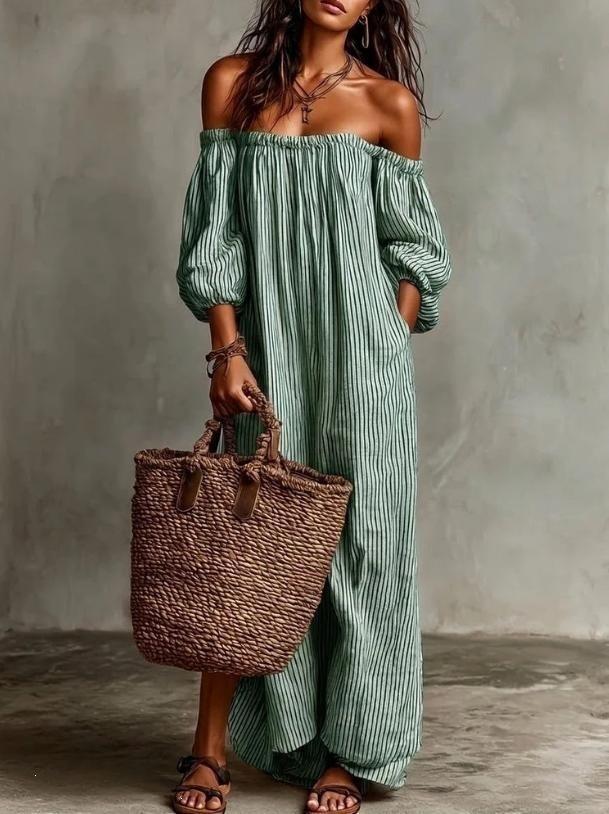 Vestido de verano europeo y americano nuevo, elegante, casual, suelto, con cuello de una palabra, a rayas
