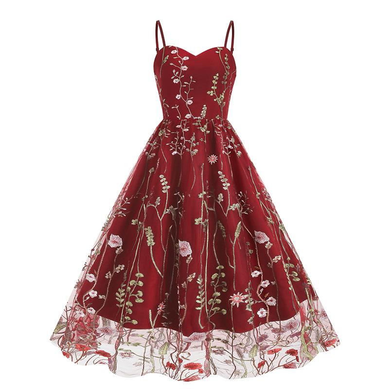 

GMXIA Платье Ремень Вышивка Сетка Лоскутное Винтажное Платье XXL красный