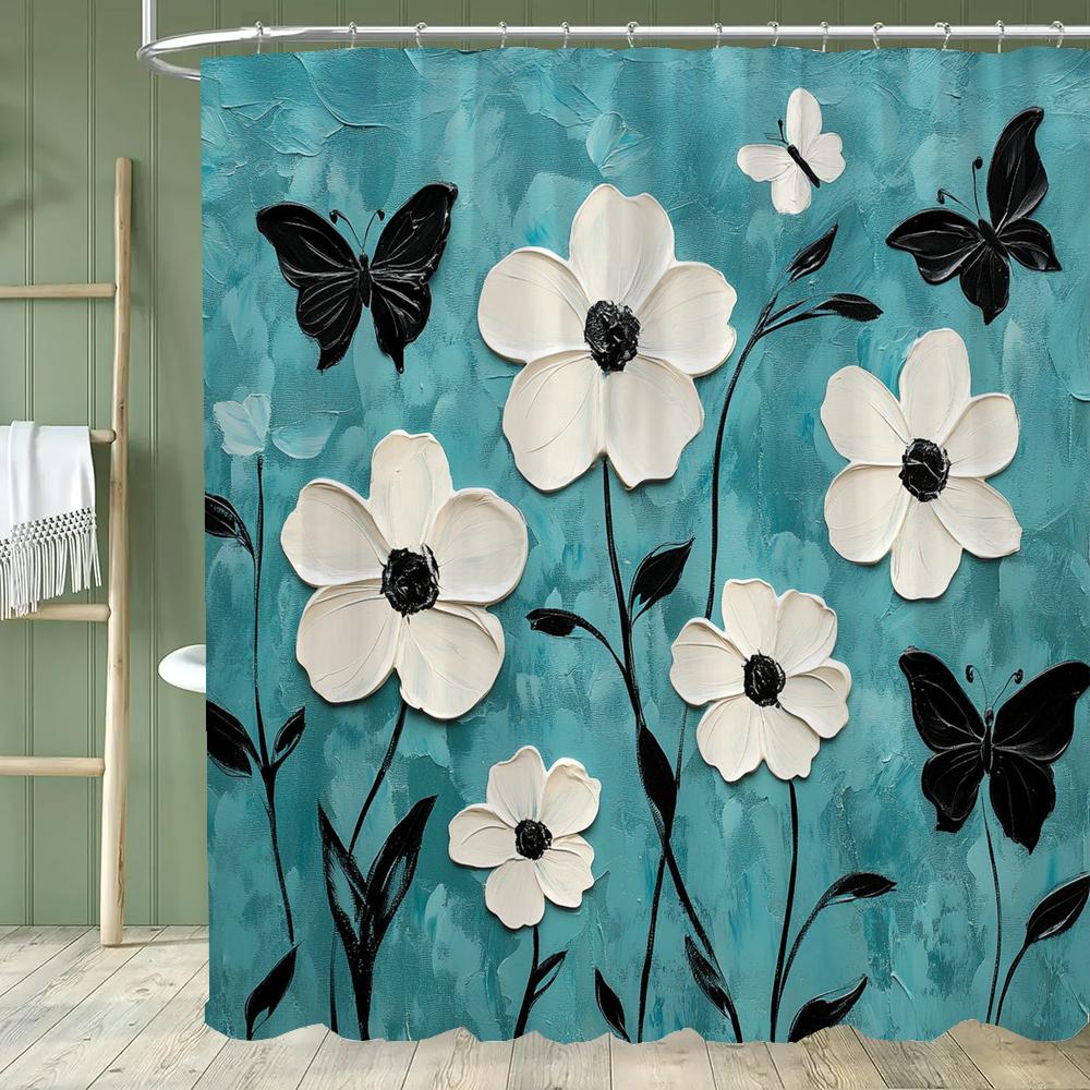 Beautiful And Elegant Blue Flowers Shower Curtain Partition Hanging Curtain With Hooks Washable Home Decoration Curtain