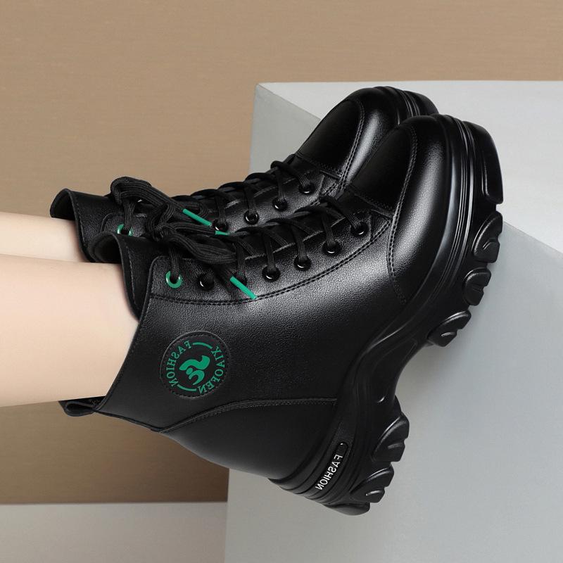 Fashion Autumn Winter Women Warm Leather Platform Wedge Mid Calf Ankle Motorcycle Booties Non Slip Plus Velvet High Top Casual Shoes