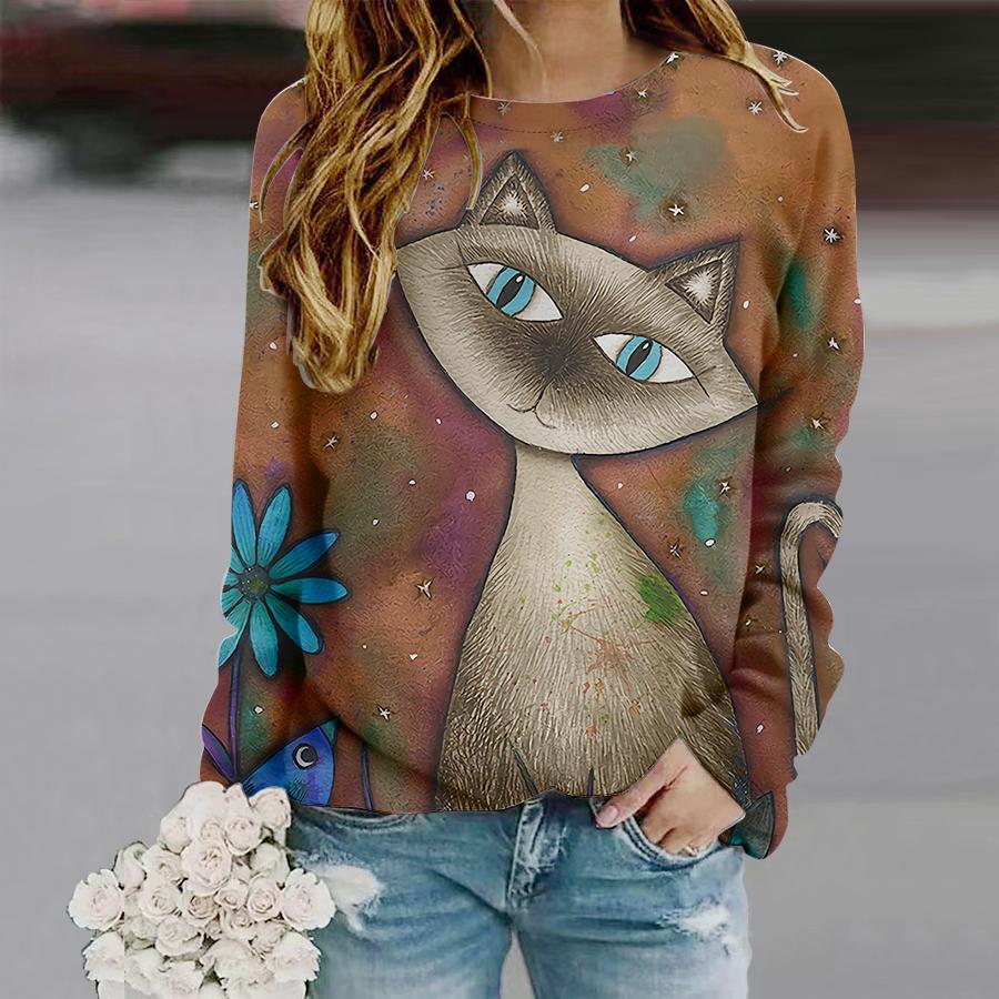 Women Cartoon Cat Tee Animal Printed Women Stylish Casual T-shirt Fall Winter Harajuku Long Sleeve Women Tops Shirts