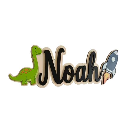 

Personalized Kids Name Dinosaur Sign Door Sign Rocket Wooden for Boys Custom чорний
