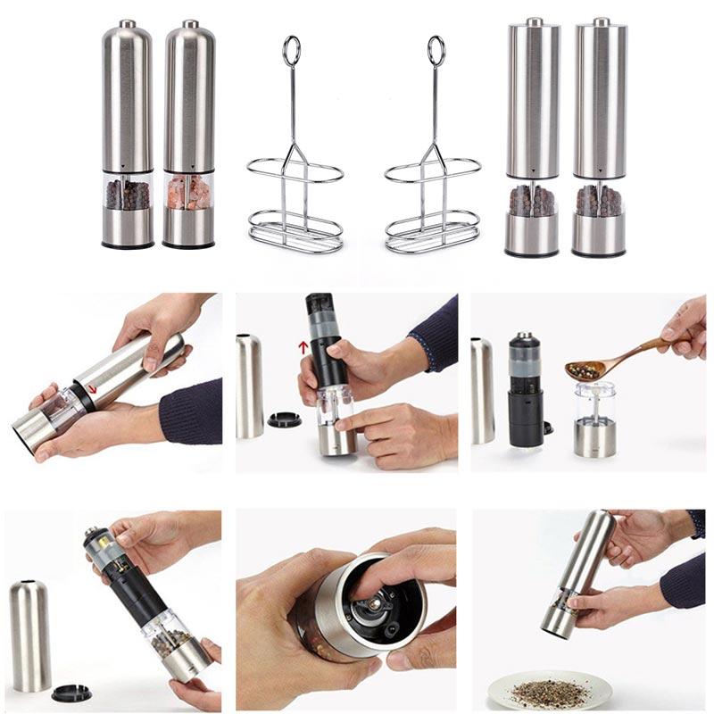 Electric Salt Grinder Set with Steel Shelf,Stainless Steel Pepper Mill with LED Light,Adjustable Coarseness Pepper Grinder Tools
